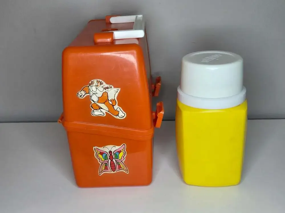 Vintage 1965 Peanuts 'Lunchtime with Snoopy' Orange Plastic Lunch Box w/ Thermos
